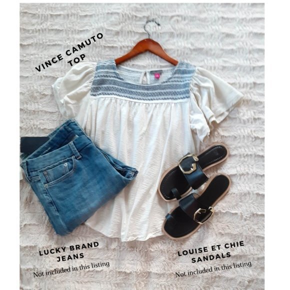 Vince Camuto Flutter Sleeve Peasant Top Size L Boho Chic Embroidered Cotton - Picture 5 of 9